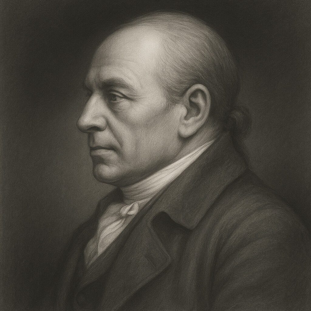 Bleistiftporträt von Heinrich Wrisberg (1739–1808) in Schwarz-Weiss mit abgedunkeltem Hintergrund, im Stil der Wegbereiter-Reihe.