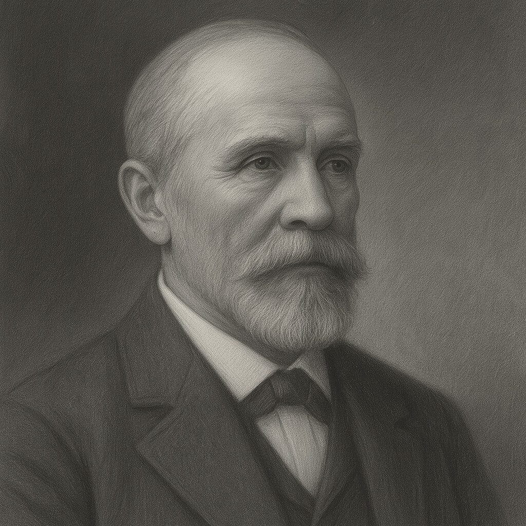 Schwarz-Weiss-Porträt eines bärtigen Mannes im Anzug vor dunklem Hintergrund, gezeichnet im realistischen Bleistiftstil der Wegbereiter-Reihe