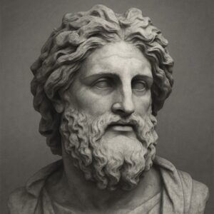 Porträt von Asklepios, griechischer Gott der Heilkunst – klassisch-mythologische Darstellung mit Bart und Gewand, schwarz-weiss im Stil antiker Skulpturen.