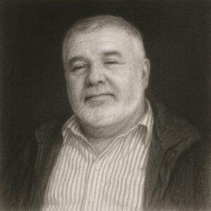 Porträt von Gérard P. Deschamps (geb. 1937) im Bleistiftstil mit dunklem Hintergrund, Mitentwickler des Caton-Deschamps-Index.