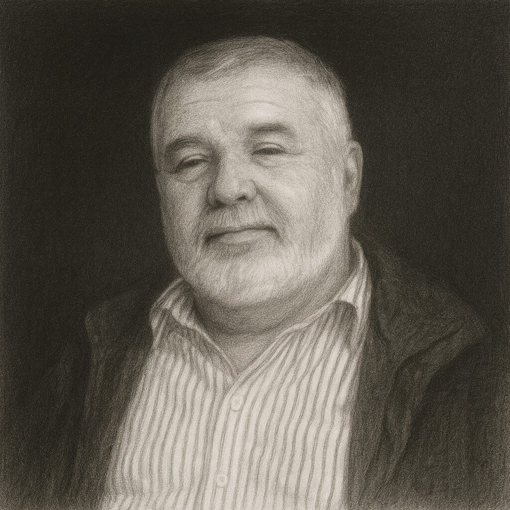 Porträt von Gérard P. Deschamps (geb. 1937) im Bleistiftstil mit dunklem Hintergrund, Mitentwickler des Caton-Deschamps-Index.