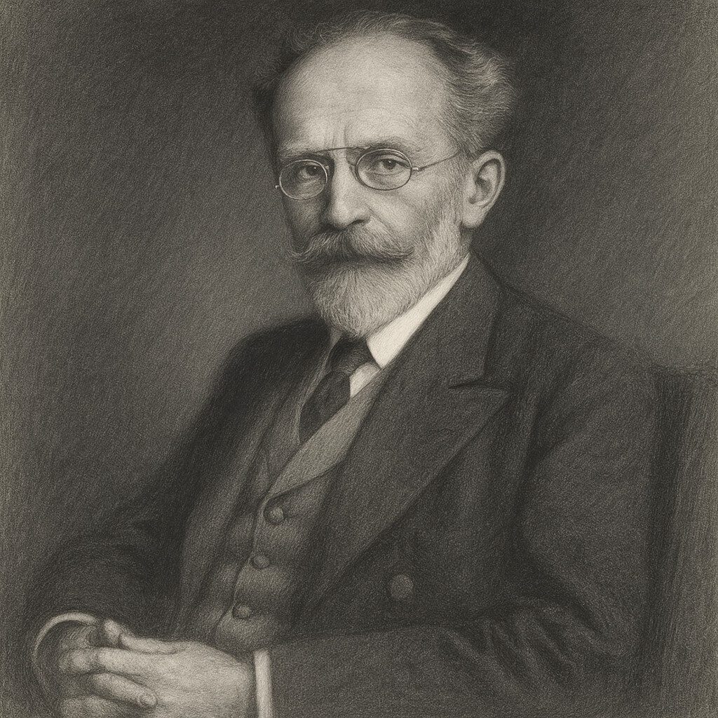 Otto Haab (1850–1931), Schweizer Augenarzt, realistisches Schwarz-Weiss-Bleistiftporträt mit dunklem, glattem Hintergrund.