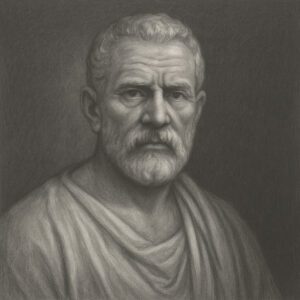 Klassisches Schwarz-Weiss-Bleistiftporträt von Seranus von Ephesos mit Toga und glattem Atelierhintergrund im Stil der Wegbereiter-Reihe auf radiologie24.ch.