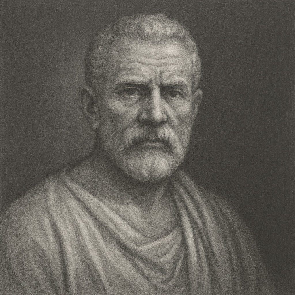 Klassisches Schwarz-Weiss-Bleistiftporträt von Seranus von Ephesos mit Toga und glattem Atelierhintergrund im Stil der Wegbereiter-Reihe auf radiologie24.ch.
