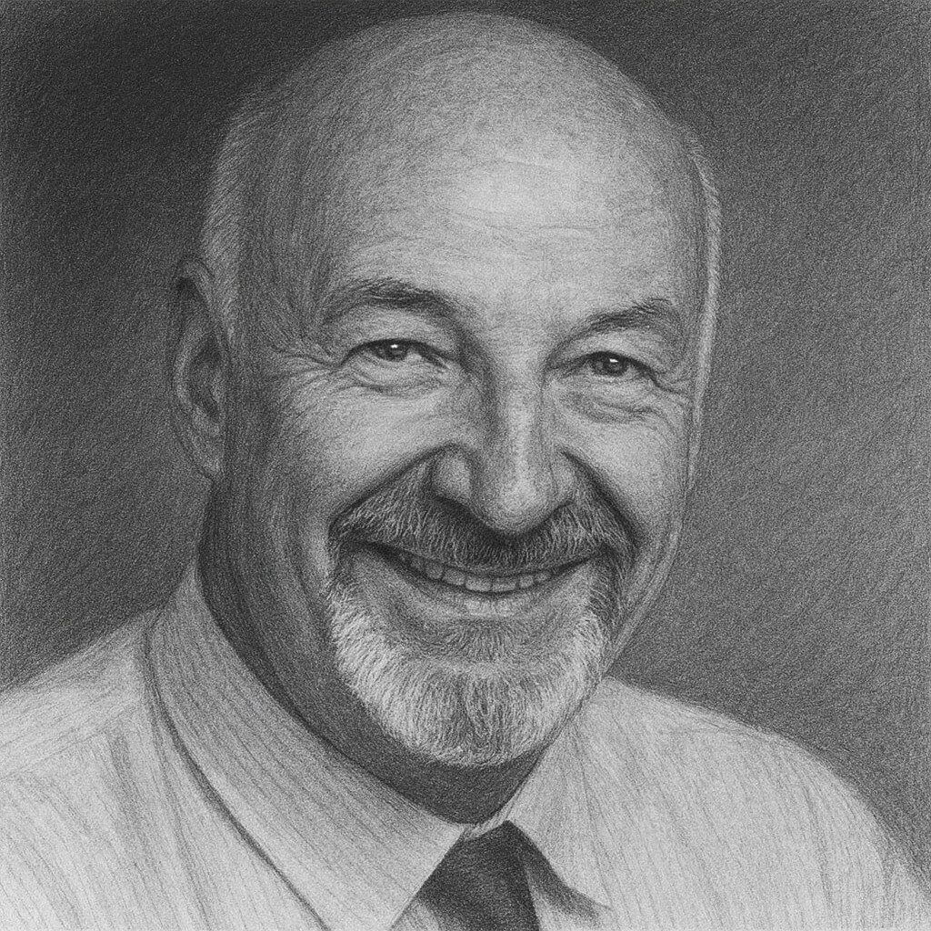 Bernhard Weber (1927–2002), Schweizer Radiologe, realistisches Schwarz-Weiss-Bleistiftporträt mit dunklem, glattem Hintergrund.