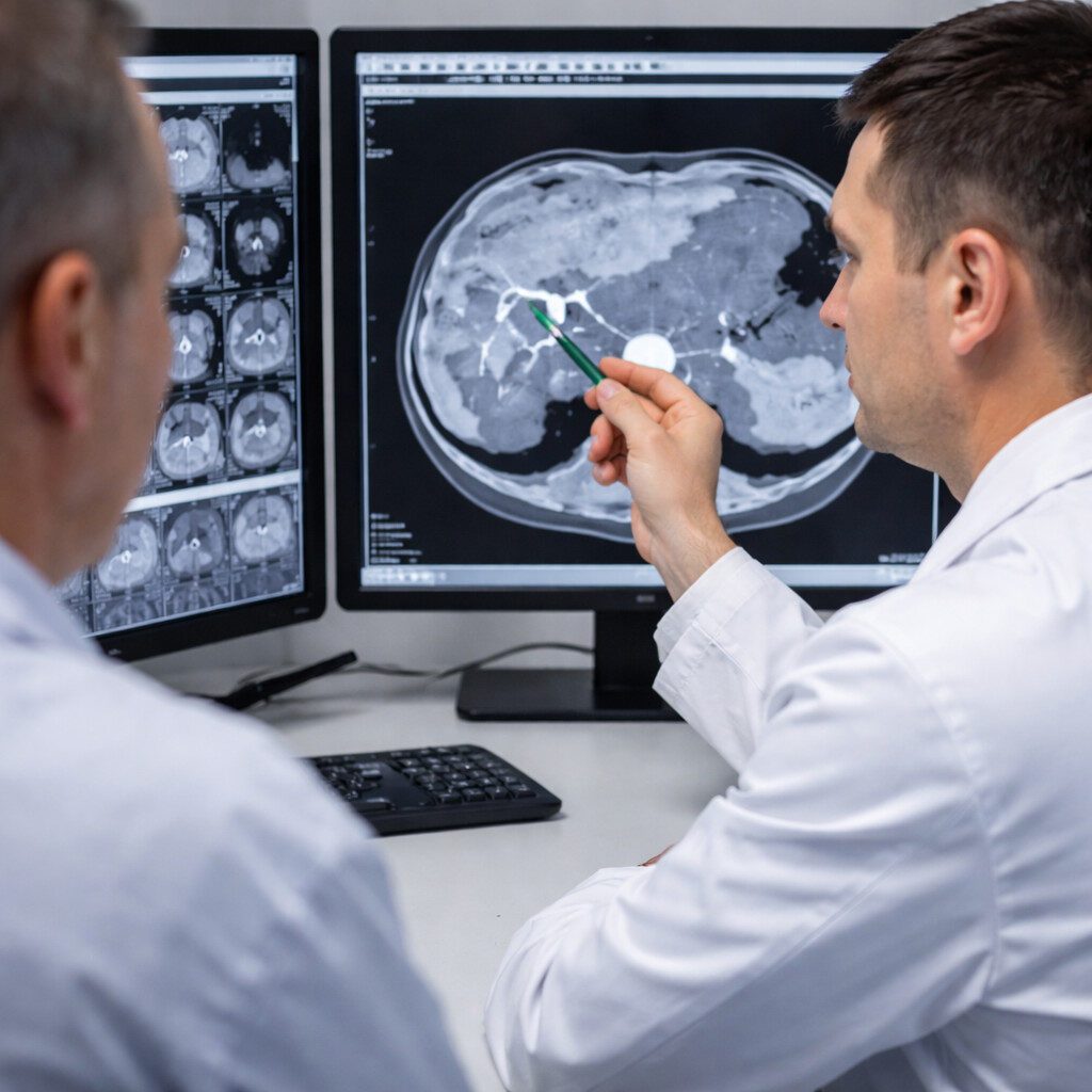 Radiologe beurteilt eine fokale Leberläsion im CT am Monitor