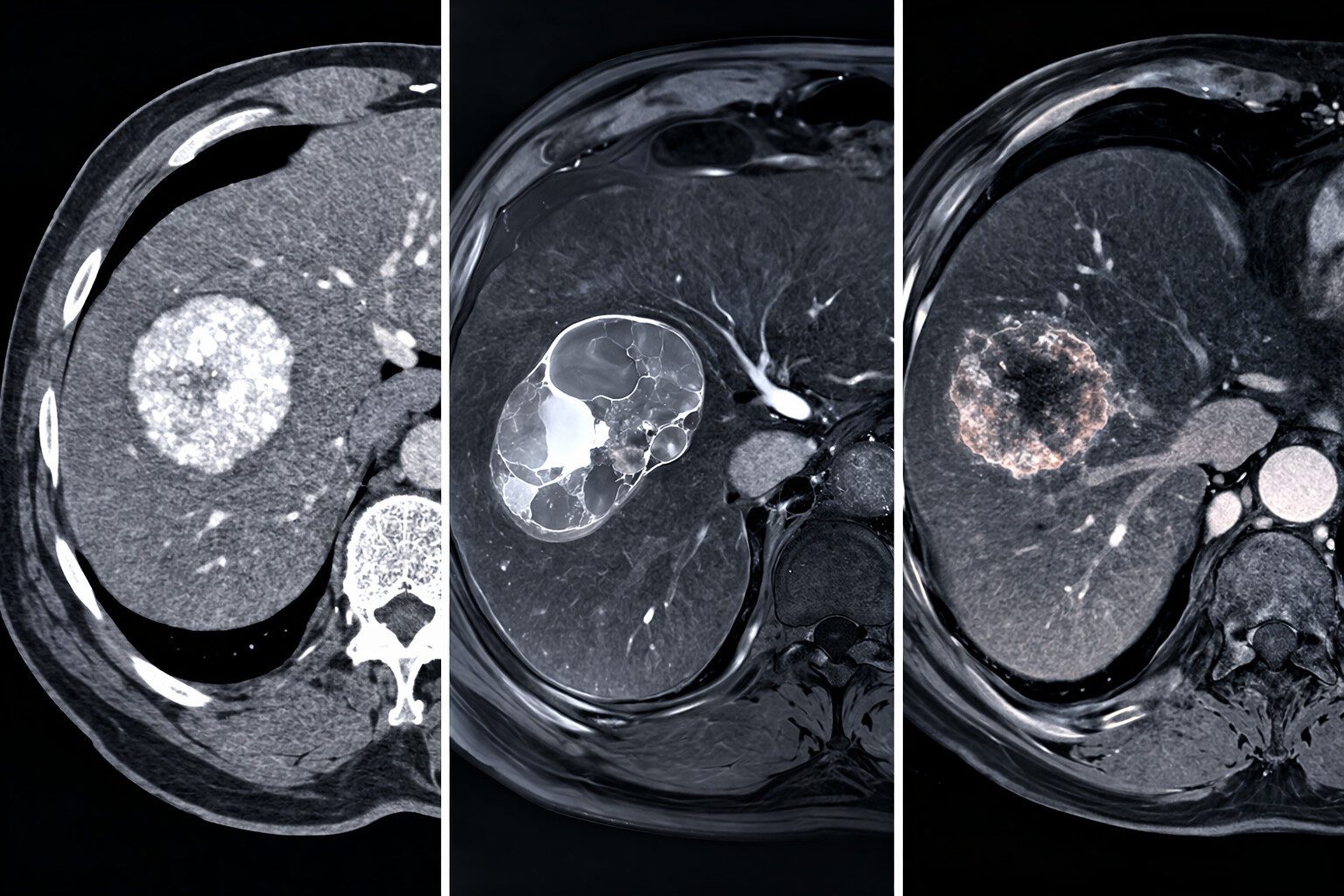 Vergleich verschiedener Leberläsionen im CT und MRT mit typischen Bildmustern