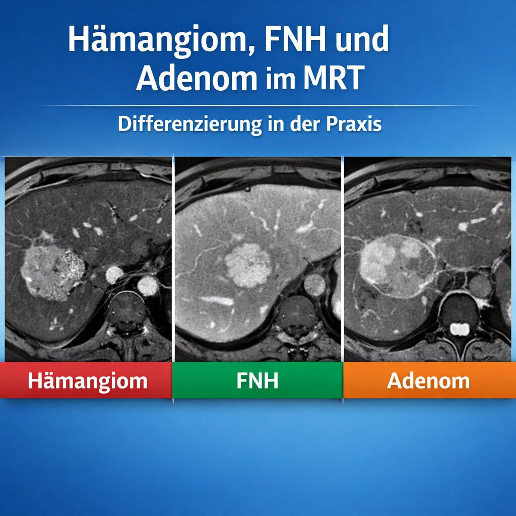 Vergleich von Hämangiom, FNH und Leberadenom im MRT mit typischen Bildmustern