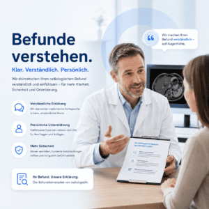 Radiologe erklärt verständlich einen Befund im Gespräch mit Patientin vor Befundmonitor – Befunddolmetscher radiologie24