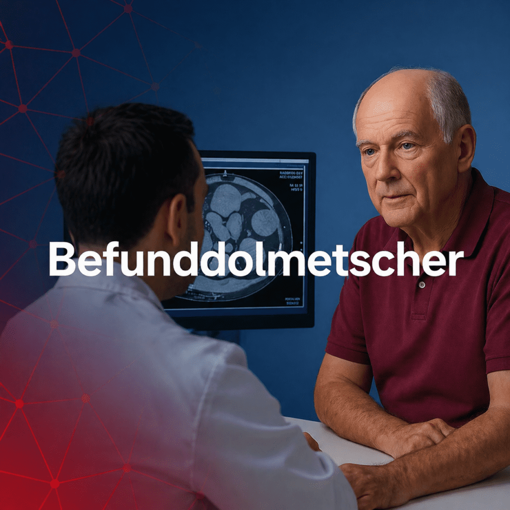 Radiologe erklärt Patient einen Befund anhand von CT-Bildern – Befunddolmetscher verständlich erklärt