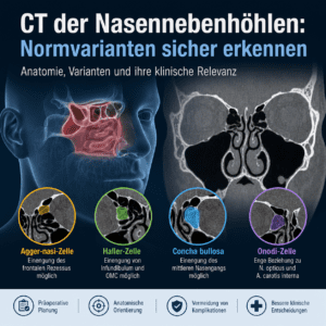 Alternativtext Koronare CT der Nasennebenhöhlen mit Darstellung wichtiger anatomischer Normvarianten wie Agger-nasi-Zelle, Haller-Zelle, Concha bullosa und Onodi-Zelle im radiologie24-Stil. Erfahre, wie du den Zweck des Bildes beschrei