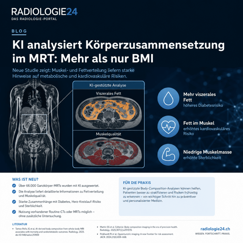 KI-gestützte Analyse von Muskelmasse und Fettverteilung in MRT-Aufnahmen zur Risikobewertung bei metabolischen und kardiovaskulären Erkrankungen.
