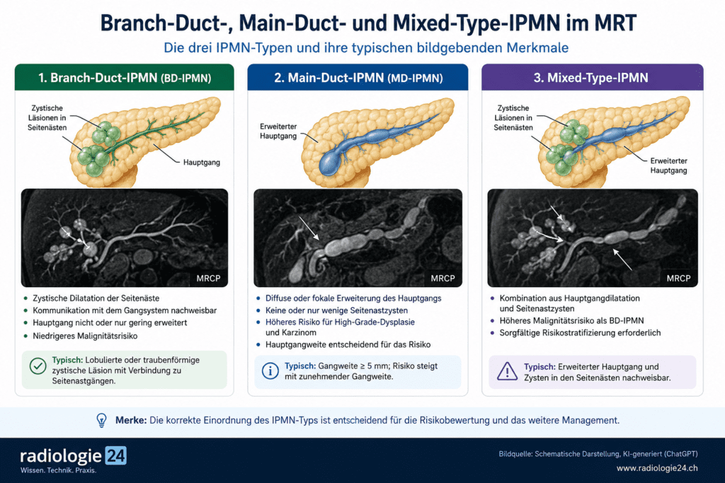 KI-generierte Infografik zur Darstellung der drei IPMN-Typen im MRT. Vergleich von Branch-Duct-IPMN, Main-Duct-IPMN und Mixed-Type-IPMN mit schematischen Pankreasdarstellungen, MRCP-Beispielen und den wichtigsten radiologischen Merkmalen.