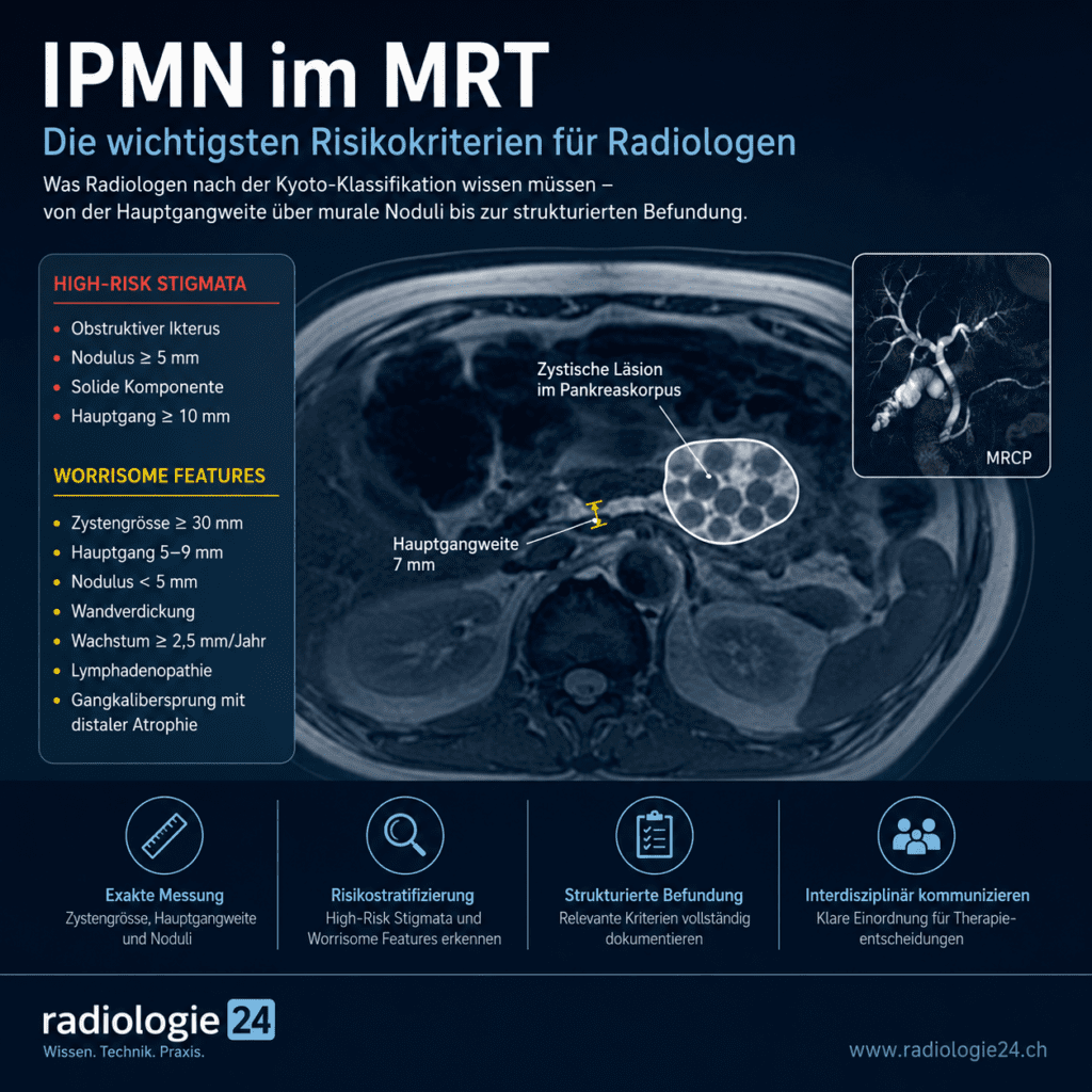 Infografik zur IPMN im MRT mit Darstellung einer zystischen Pankreasläsion, Übersicht der High-Risk Stigmata und Worrisome Features nach Kyoto-Klassifikation sowie Hinweisen zur strukturierten radiologischen Befundung. KI-generierte Illustration.