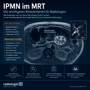 Infografik zur IPMN im MRT mit Darstellung einer zystischen Pankreasläsion, Übersicht der High-Risk Stigmata und Worrisome Features nach Kyoto-Klassifikation sowie Hinweisen zur strukturierten radiologischen Befundung. KI-generierte Illustration.