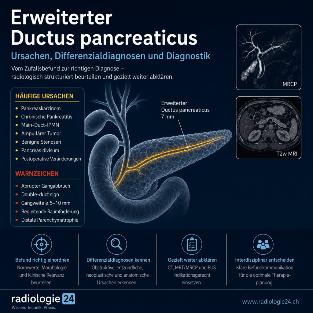 Radiologische Übersicht zum erweiterten Ductus pancreaticus mit häufigen Ursachen, Warnzeichen und diagnostischen Verfahren.