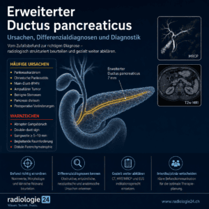 Radiologische Übersicht zum erweiterten Ductus pancreaticus mit häufigen Ursachen, Warnzeichen und diagnostischen Verfahren.
