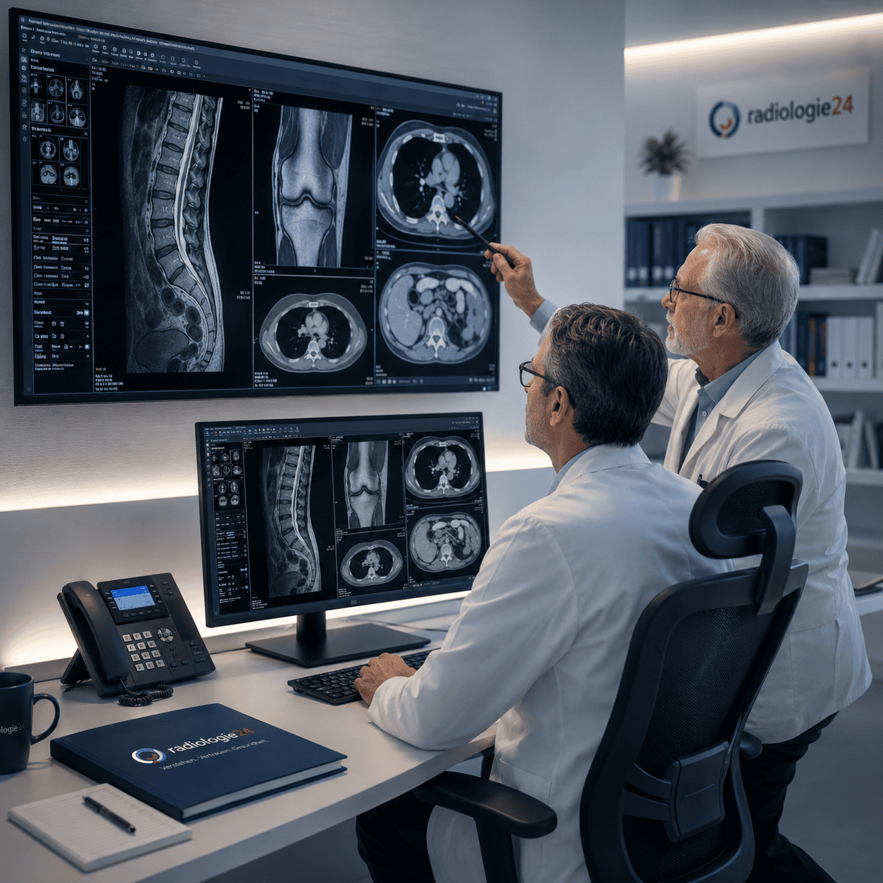 Zwei Radiologen beurteilen gemeinsam CT- und MRT-Bilder an einer modernen radiologischen Arbeitsstation