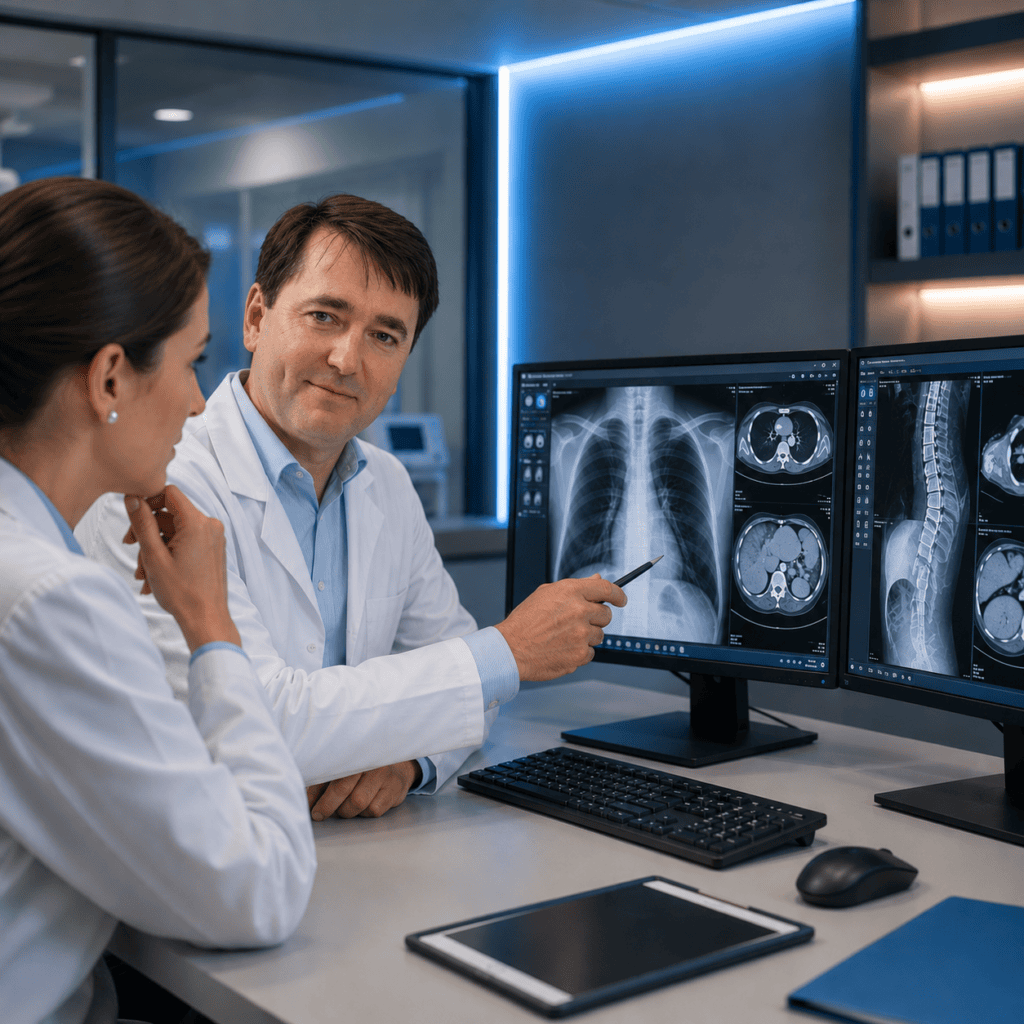 Konsiliararzt Radiologie bei der gemeinsamen Beurteilung radiologischer Untersuchungen