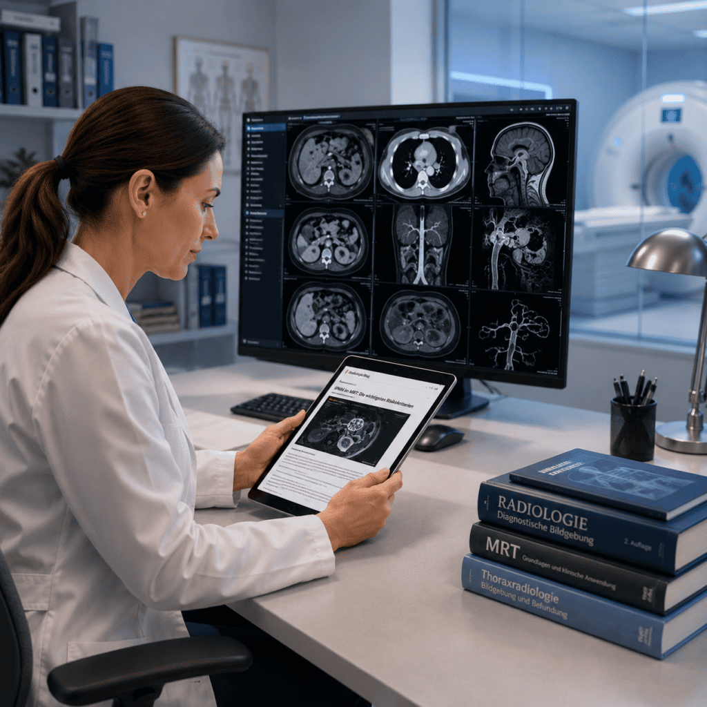 Radiologin liest einen Fachbeitrag im RadBlog von radiologie24.ch
