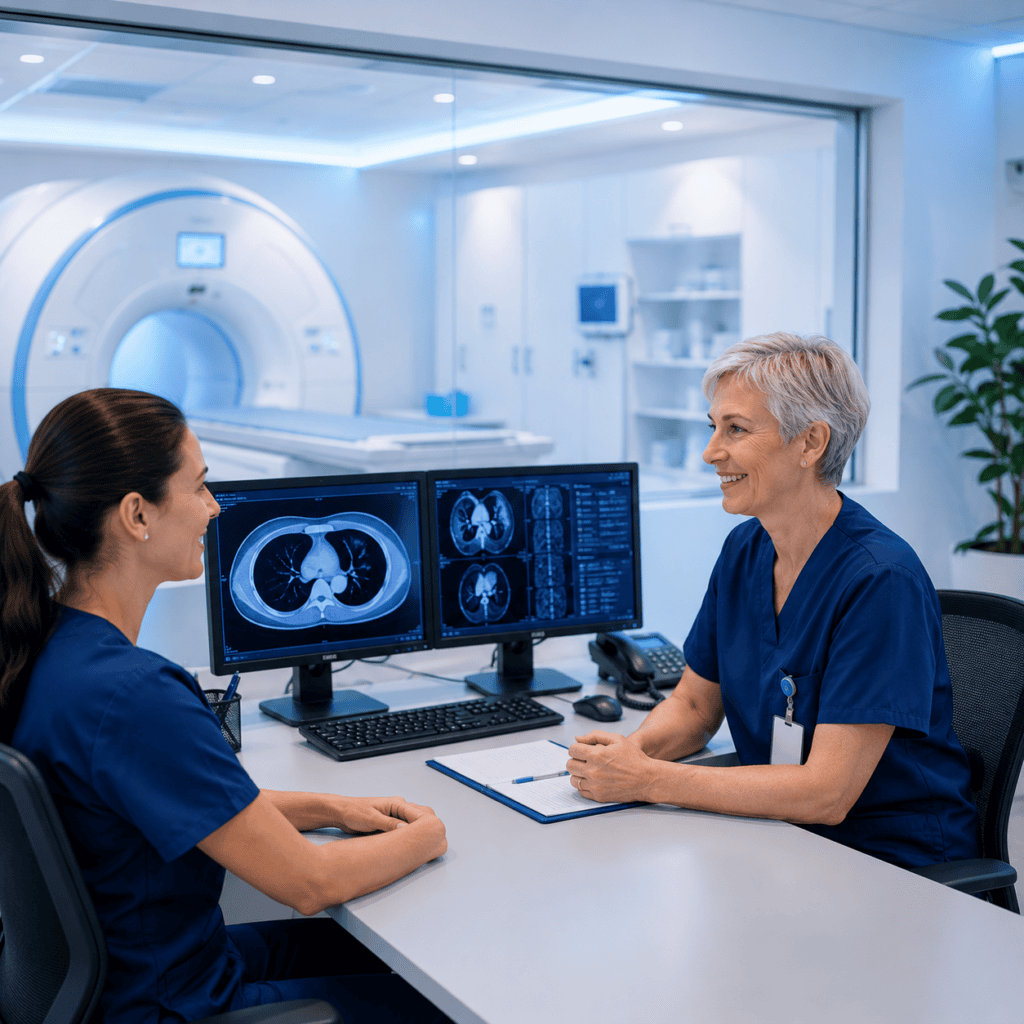 Zwei Radiologie-Fachpersonen im Gespräch an einem modernen Arbeitsplatz in der Radiologie