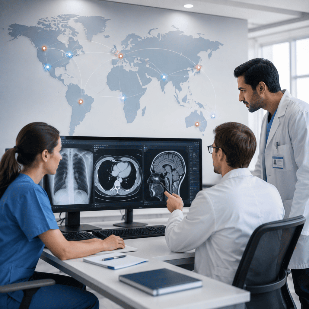 Radiologie weltweit – internationale Fachpersonen vor radiologischen Aufnahmen und Weltkarte