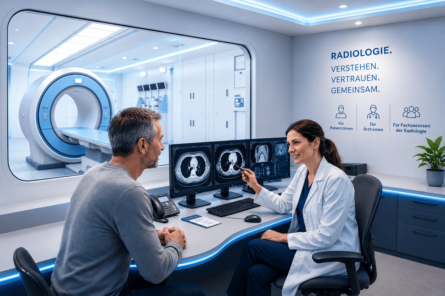 Radiologin bespricht radiologische Bilder mit einem Patienten in einer modernen Radiologie