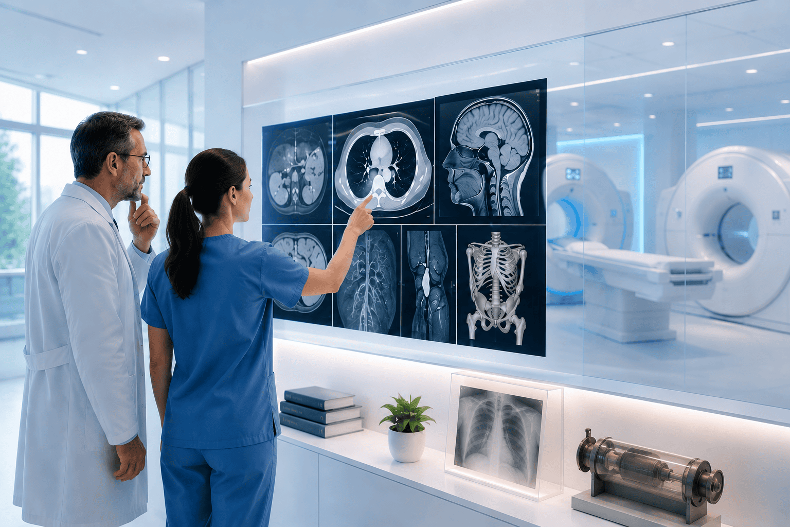 RadPortal Radiologie – Radiologe und Radiologiefachperson betrachten CT- und MRT-Aufnahmen