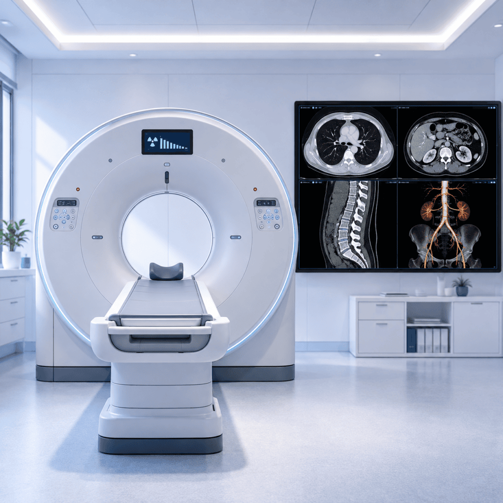 Moderner CT-Scanner mit verschiedenen CT-Aufnahmen