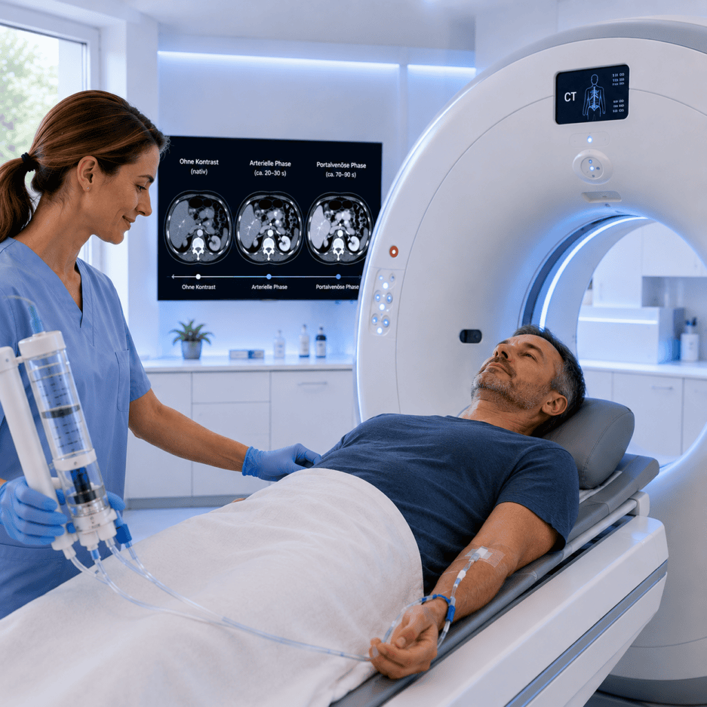 Patient bei einer CT-Untersuchung mit intravenöser Kontrastmittelgabe