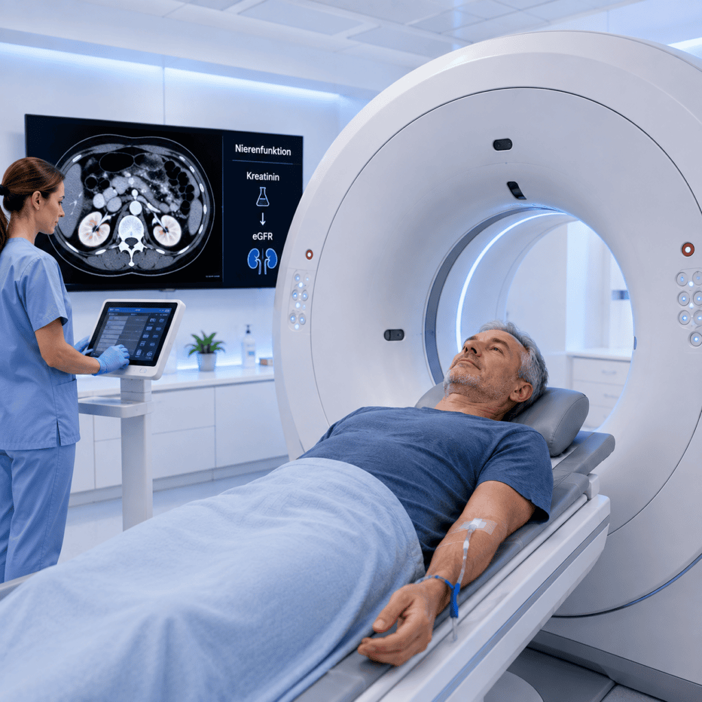 Patient bei einer CT mit Kontrastmittel und Darstellung der Nierenfunktion
