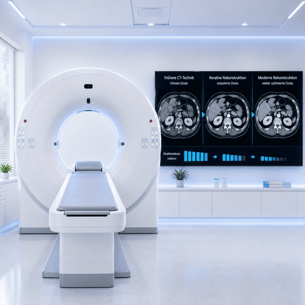 Moderner CT-Scanner mit Darstellung der Entwicklung der Strahlendosis