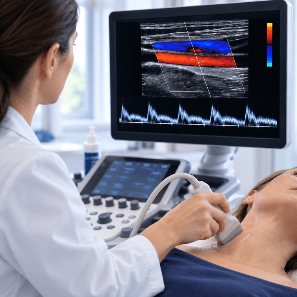 Duplex-Ultraschall der Halsschlagader mit Farbdoppler und Dopplerspektrum
