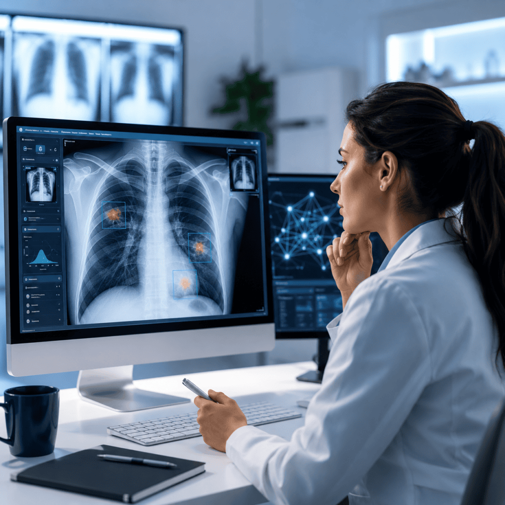 Radiologin beim KI-gestützten Training mit einer Thorax-Röntgenaufnahme