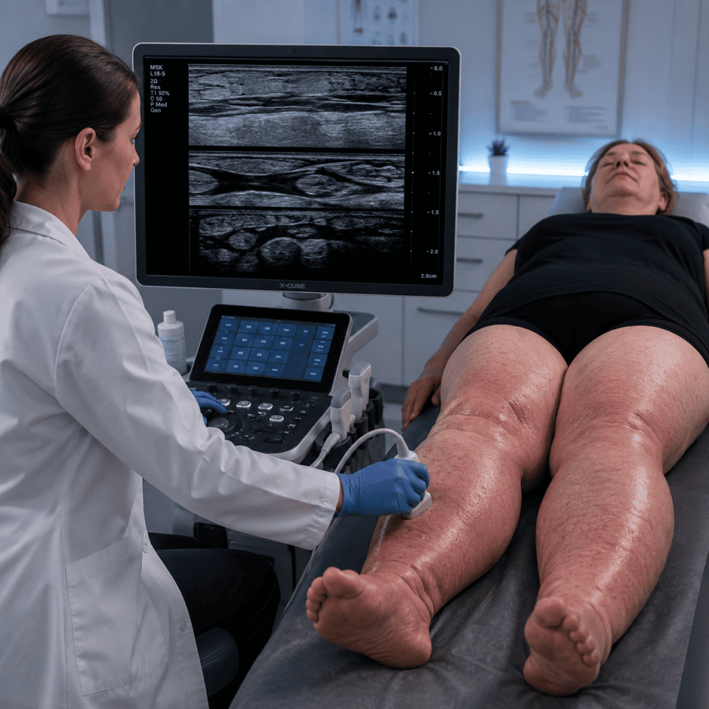 Radiologin bei der Ultraschalluntersuchung der Beine einer Patientin mit Lipödem