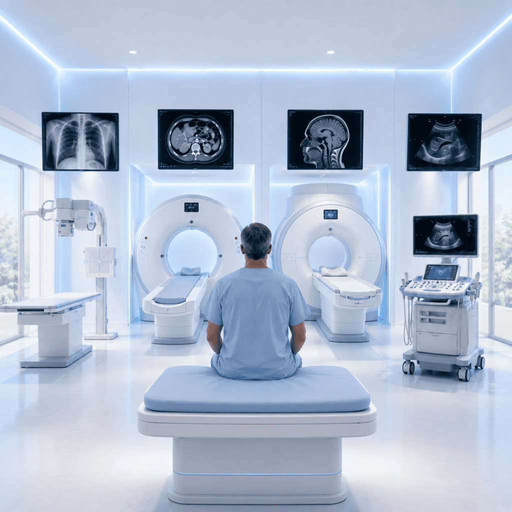 Unterschiedliche bildgebende Untersuchungen mit Röntgen, CT, MRI und Ultraschall