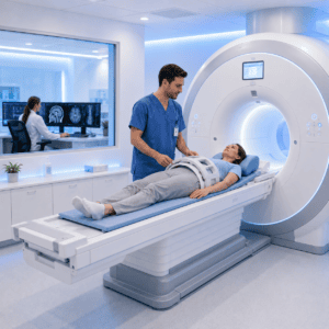 Patientin bei einer MRI-Untersuchung mit radiologischer Fachperson
