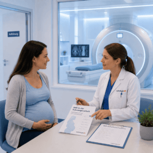 Schwangere Patientin im Aufklärungsgespräch vor einer MRI-Untersuchung