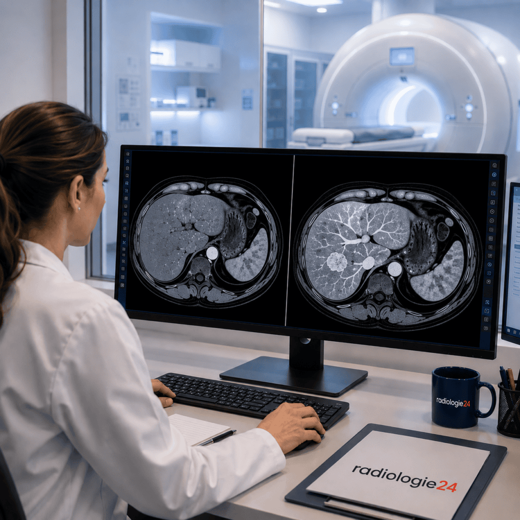 Radiologin beurteilt kontrastmittelgestützte MRI-Aufnahmen der Leber