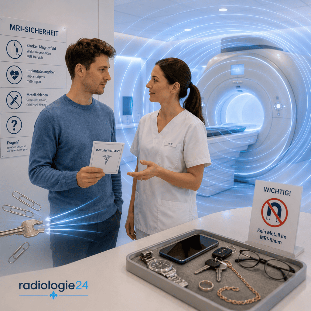 Patient mit Implantatpass beim Sicherheitscheck vor einer MRI-Untersuchung