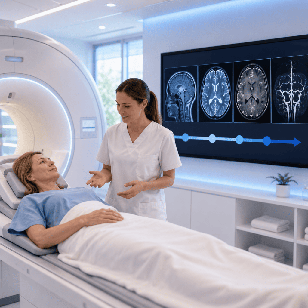 Patientin vor einer MRI-Untersuchung mit verschiedenen MRI-Sequenzen