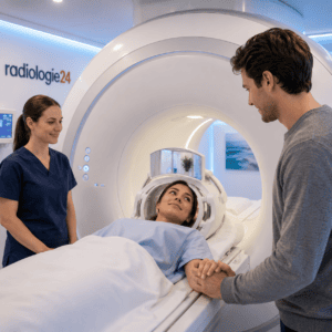 Junge Patientin mit Begleitperson bei einer MRI-Untersuchung