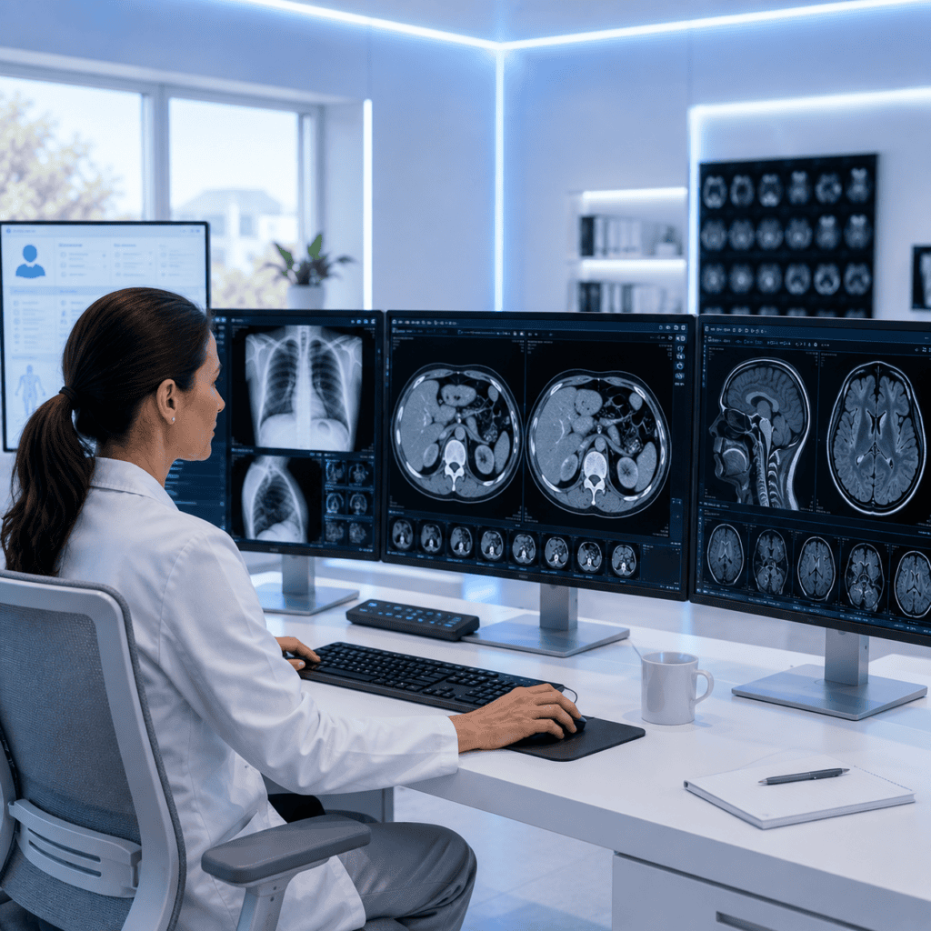 Radiologin bei der Befundung von Röntgen-, CT- und MRI-Aufnahmen