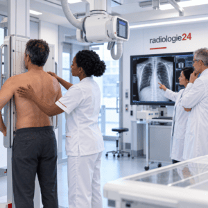 Röntgenuntersuchung mit Positionierung des Patienten und radiologischer Bildbeurteilung