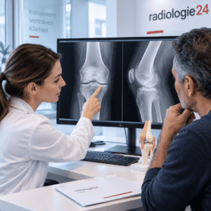 Radiologin erklärt einem Patienten Röntgenaufnahmen eines Kniegelenks