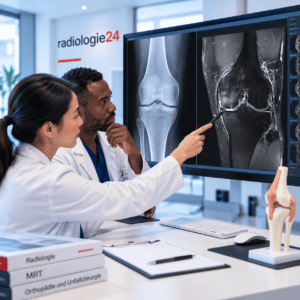 Radiologin und Orthopäde vergleichen Röntgen und MRI eines Kniegelenks
