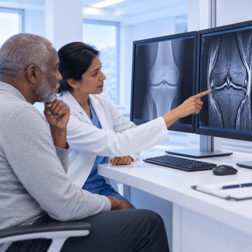 Vergleich von Röntgenbild und MRI eines Kniegelenks zur Darstellung unterschiedlicher Strukturen