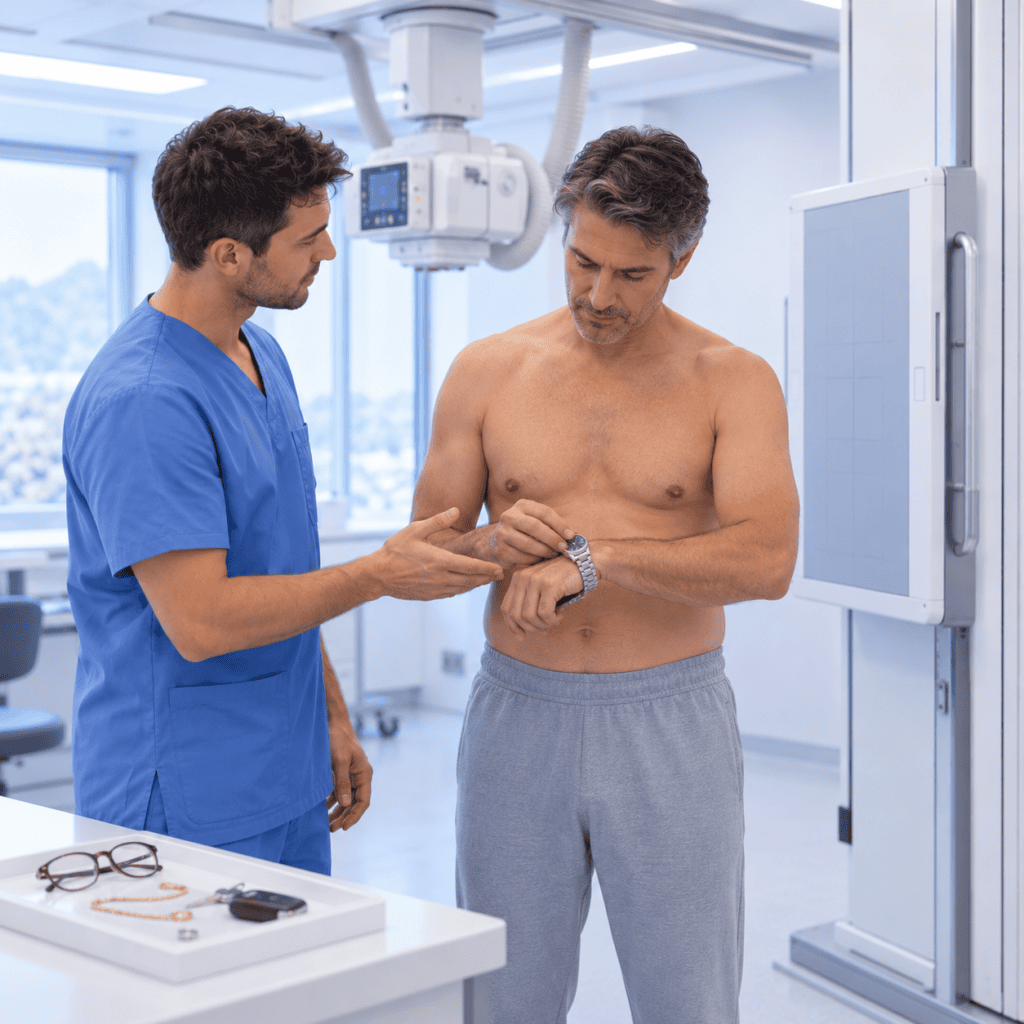 Patient legt vor einer Röntgenuntersuchung seine Armbanduhr ab