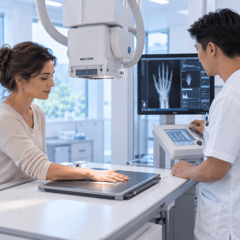Röntgenaufnahme der Hand mit modernem digitalem Röntgengerät