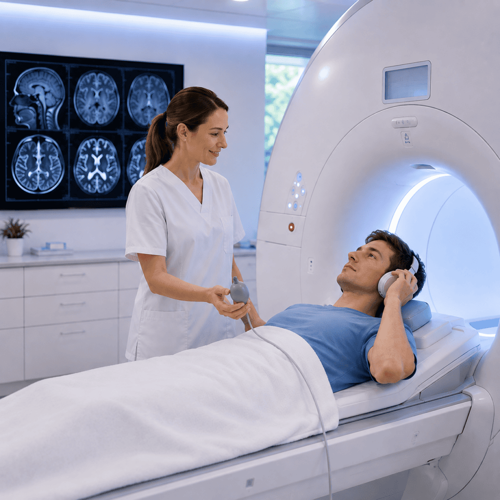 Patient mit Kopfhörern vor einer MRI-Untersuchung